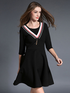 Patineuse noire robe coton demi-manchon Tassel Slim Fit taille haute Flare robe