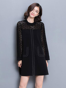 Fantastique robe droite casual en dentelle noir unicolore à demi-transparence avec poches col ras du