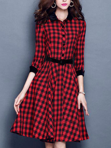 Skater Plaid rouge robe femmes réparties 3/4 Sleeve Shirt Vintage robe