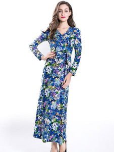 Robe Maxi bleu manches longues col en v imprimé Floral Lace femmes Up robe longue plissée