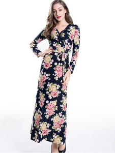 Robe avec ceinture plissée de Maxi robe manches longues imprimé dentelle florale femmes haut col v