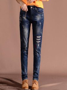 Jeans Skinny Denim brodé des femmes en Difficulté Jeans bleu foncé
