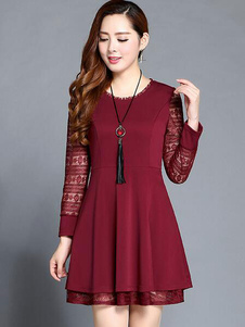 Dentelle Bourgogne patineuse plissée semi sheer Dress manches longues robe féminine