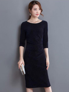 Robe Bodycon foncé marine Half Sleeve bijou cou robe fourreau femmes