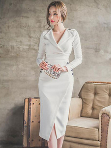 Col Turndown blanc longues manches robe féminine Split Bodycon Dress avec boutons