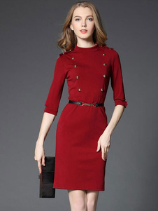 Half Sleeve Crew Neck robe fourreau robe Bodycon rouge féminin avec ceinture & boutons