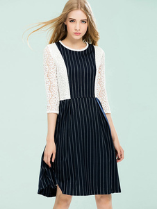 Patineur de femmes robe dentelle bleu Illusion Stripes Half Sleeve Slim Fit une ligne robe