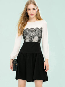 Skater robe élégante Puff Long manches bicolore féminines évasé Satin robe en dentelle