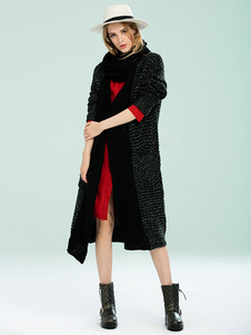 Attrayant manteau d'hiver femme en laine mélangée noir tricoté Sans ornement surdimensionné thermiqu