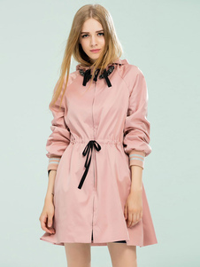 Beau manteau d'hiver femme Tissu de satin rose unicolore avec ceinture à ceinture coulissante ajusta