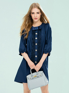 Robe Vintage longueur 3/4 Puff Sleeve avant bouton femmes surdimensionné robe en dentelle avec Bow