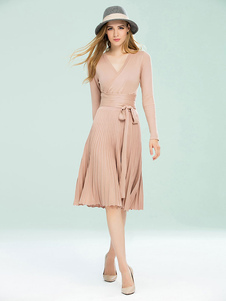 Magnifique robe pull sexy kaki unicolore avec tricot convenable col V de cérémonie