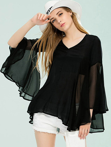 Blouse belle élégante en soie noir unicolore plissé irrégulier