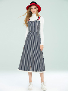 Patineur longue robe bleu foncé bretelles réglables à rayures robe en Denim glissière au dos