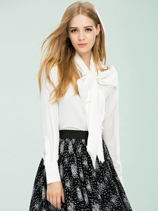 Blouse belle habillé Tissu de satin blanc unicolore avec noeud