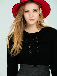 Populaire pull-over féminin doux noir unicolore avec bouton et ceinture manches casaque manches long