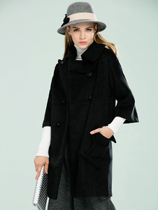 Éblouissant manteau d'hiver femme en laine mélangée unicolore avec bouton réglable thermique col à r