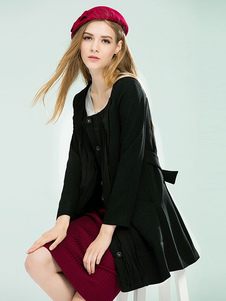 Attrayant manteau d'hiver femme en lin de coton noir unicolore plissé réglable thermique col rond