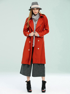 Fascinant manteau d'hiver femme Coton polyester rouge unicolore avec bouton croisé coupe-vent col à 