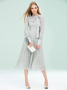 Embelli de gris dentelle robe Vintage manches longues col sheer semi Slim Fit robe