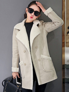 Suede manteau Casual Manteau col Turndown blanc écru manches longues femmes avec poches