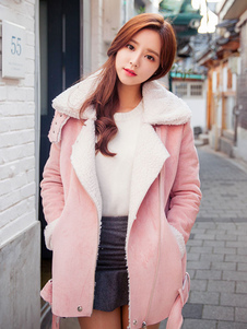 Éblouissant manteau d'hiver femme en coton rose unicolore avec poches à revers colet revers