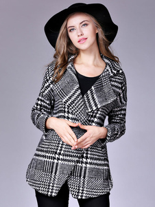 Beau Manteau d’hiver femme en polyester gris écossais fendu croisé col à revers