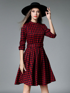 Patineuse plissée robe pied-de-poule 3/4-Length manches féminines Flare robe