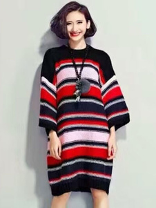 Robe pull à rayures 3/4-Length manches robe de tricot rouge féminin