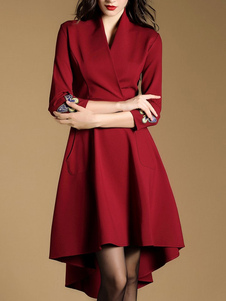 Vintage plissé Robe col en v 3/4-Length manches papillon impression haute basse féminine Flare robe