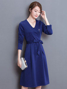 Skater bleu robe manches longues col en v plissée Flare robe féminine avec ceinture