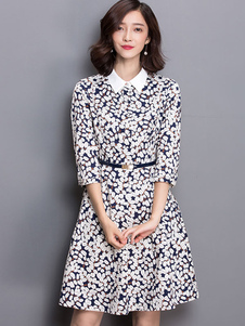 Patineuse imprimée robe 3/4-Length manches femmes du plissé genou longueur robe de Flare