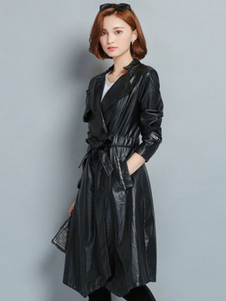 Éblouissant Manteau d’hiver femme en polyester noir unicolore avec ceinture irrégulier col à revers