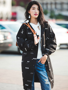 Éblouissant manteau d'hiver femme en polyester noir impression plissé surdimensionné à capuche