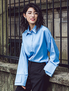 Blouse femme casual en coton mélangé bleu unicolore avec lacets surdimensionné