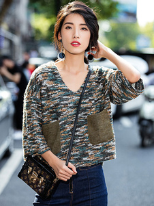 Charmant pull pour femme casual Brun tricoté avec poches surdimensionné demi-manches