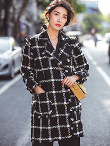 Énigmatique manteau d'hiver femme en tweed noir jacquard avec poches surdimensionné col à revers