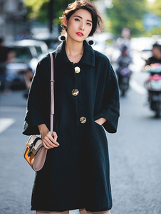 Fascinant manteau d'hiver femme Laine de plaine noir unicolore avec bouton surdimensionné col à reve