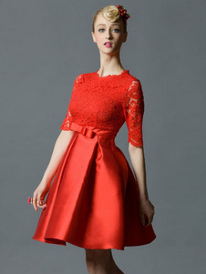 Magnétique robe skater rétro en dentelle rouge unicolore à demi-transparence avec noeud col rond