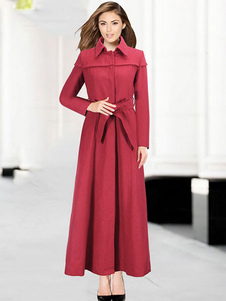 Charmant manteau d'hiver femme Laine de plaine unicolore avec ceinture convenable col à revers
