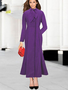 Éblouissant manteau d'hiver femme Laine de plaine unicolore avec noeud convenable revers embelli