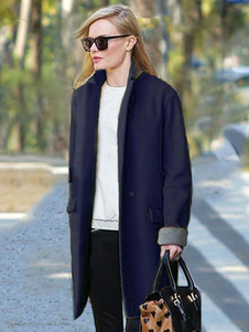 Fascinant Manteau d’hiver femme Laine de plaine bleu marine foncé bicolore avec poches surdimensionn