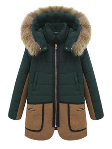 Populaire manteau d'hiver femme en polyester vert foncé bicolore avec passepoil surdimensionné à cap