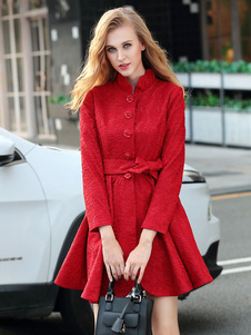 Beau manteau d'hiver femme en jacquard rouge unicolore avec bouton convenable col montant