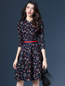 A-Line Style rétro Flare robe robe chemise imprimée manches longues féminines avec ceinture