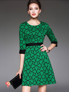 Magnifique robe skater casual en rayonne vert impression convenable fendu col rond