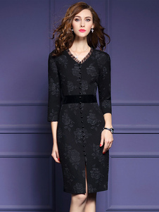 Belle robe bodycon en acrylique noir col V unicolore avec bouton fendu