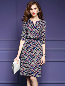 Populaire robe bodycon en acrylique bleu décolleté cranté impression moulant