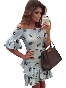 Skater robe Bateau bleu clair col pétale manches courtes des femmes en cascade de volants robe court