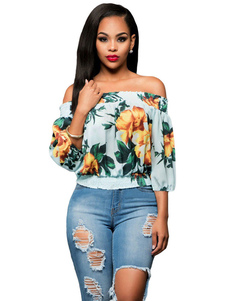 Sexy Blouse 3/4 longueur manches bouffantes des femmes épaule du haut imprimé Floral